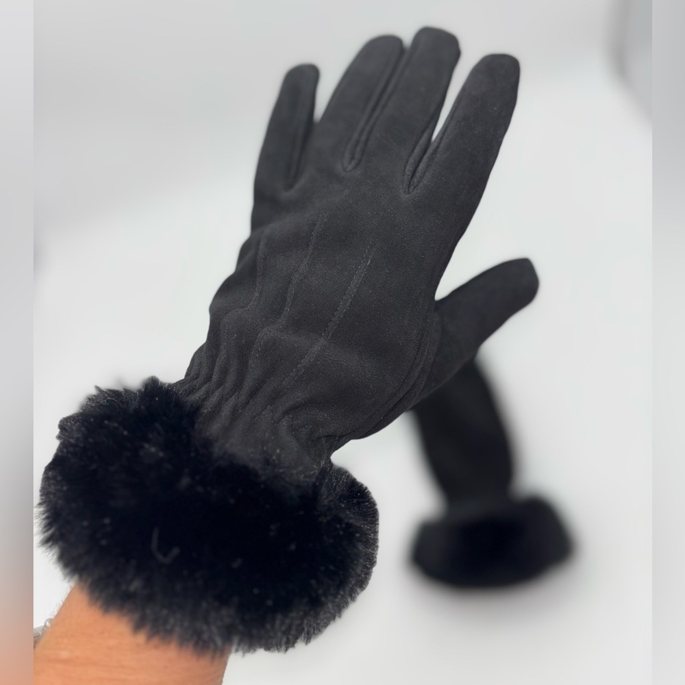 NEW Deer Suede Leather Driving Gloves Skin Faux Fur Cuff Black Touchscreen Wool